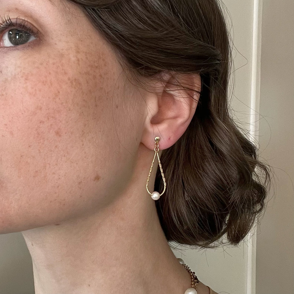 14K Tear Drop Pearl Dangle Stud Earrings