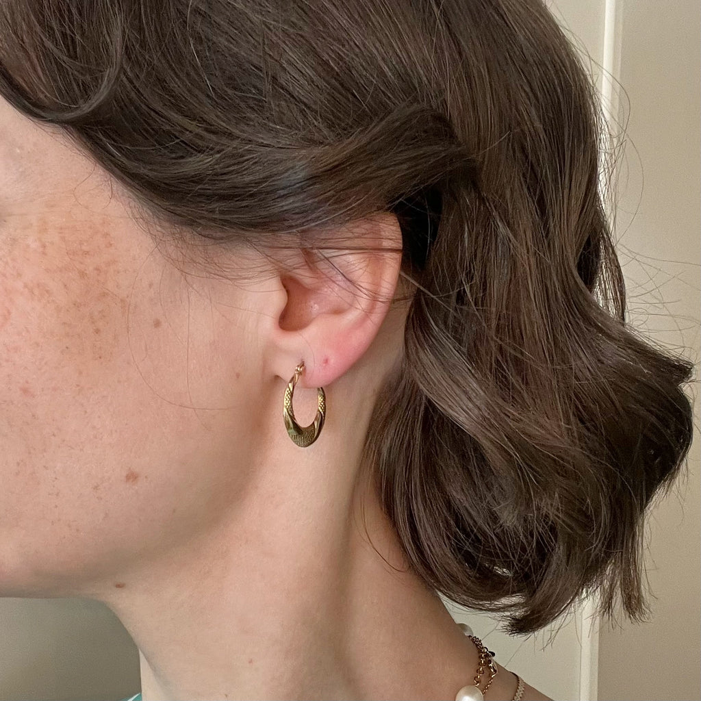 10K Gold Textured Hoop Earrings - Latch Back Lightweight Hoops