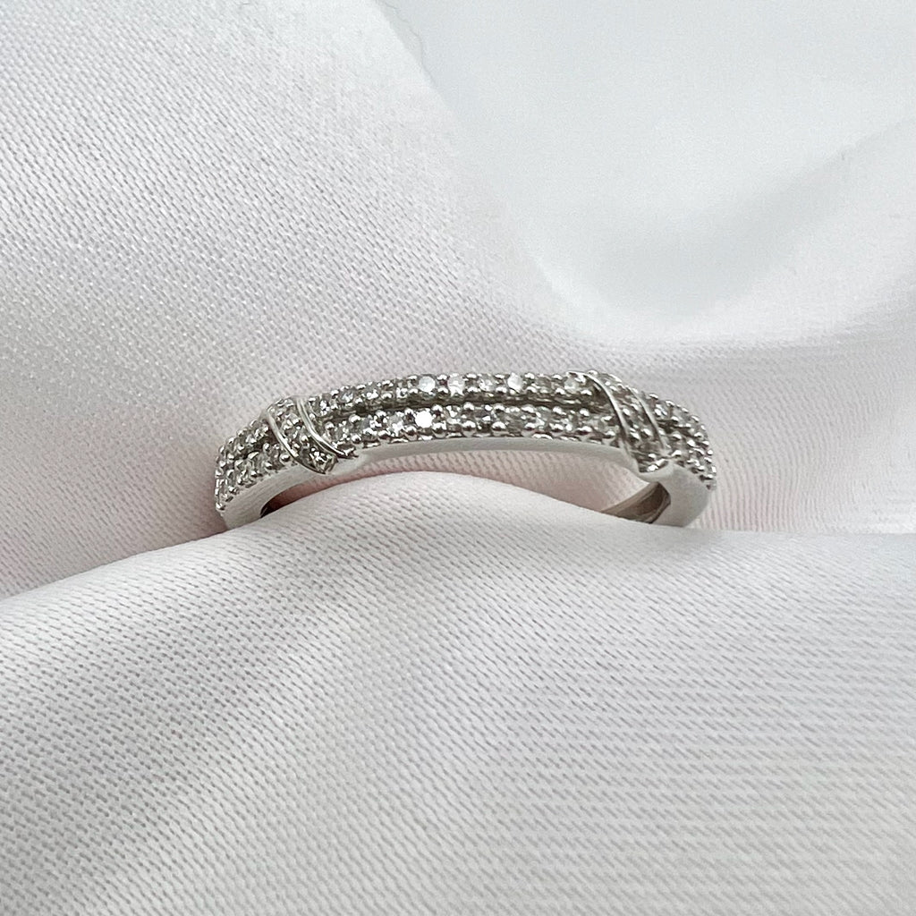 9K White Gold Diamond Semi-Eternity Band - Natural Diamond Stacking Ring, UK Hallmarked