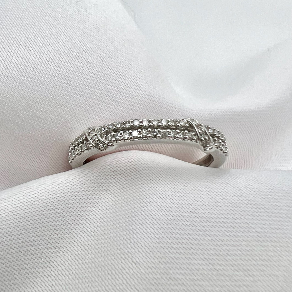 9K White Gold Diamond Semi-Eternity Band - Natural Diamond Stacking Ring, UK Hallmarked