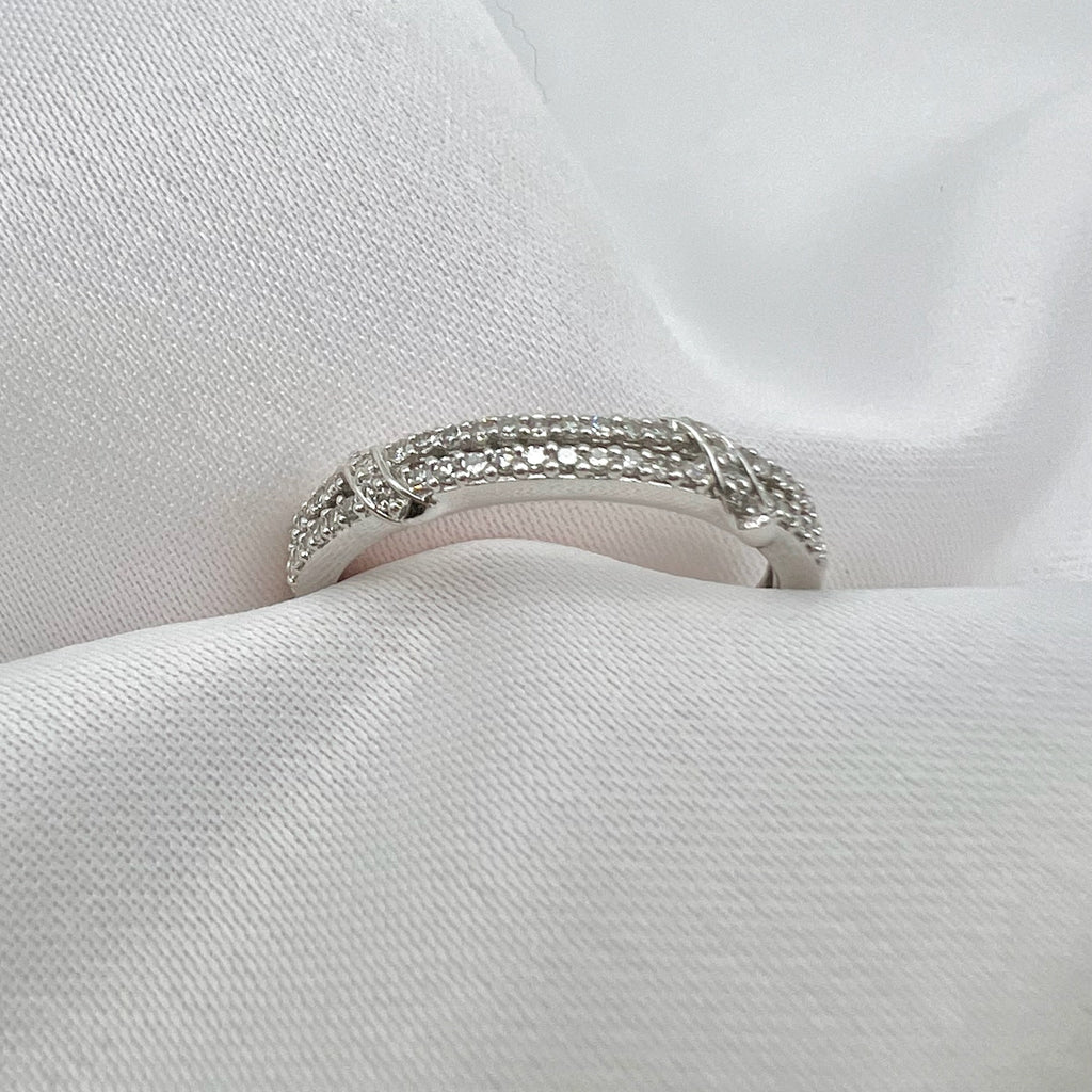 9K White Gold Diamond Semi-Eternity Band - Natural Diamond Stacking Ring, UK Hallmarked