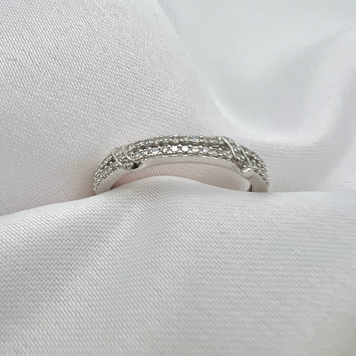 9K White Gold Diamond Semi-Eternity Band - Natural Diamond Stacking Ring, UK Hallmarked