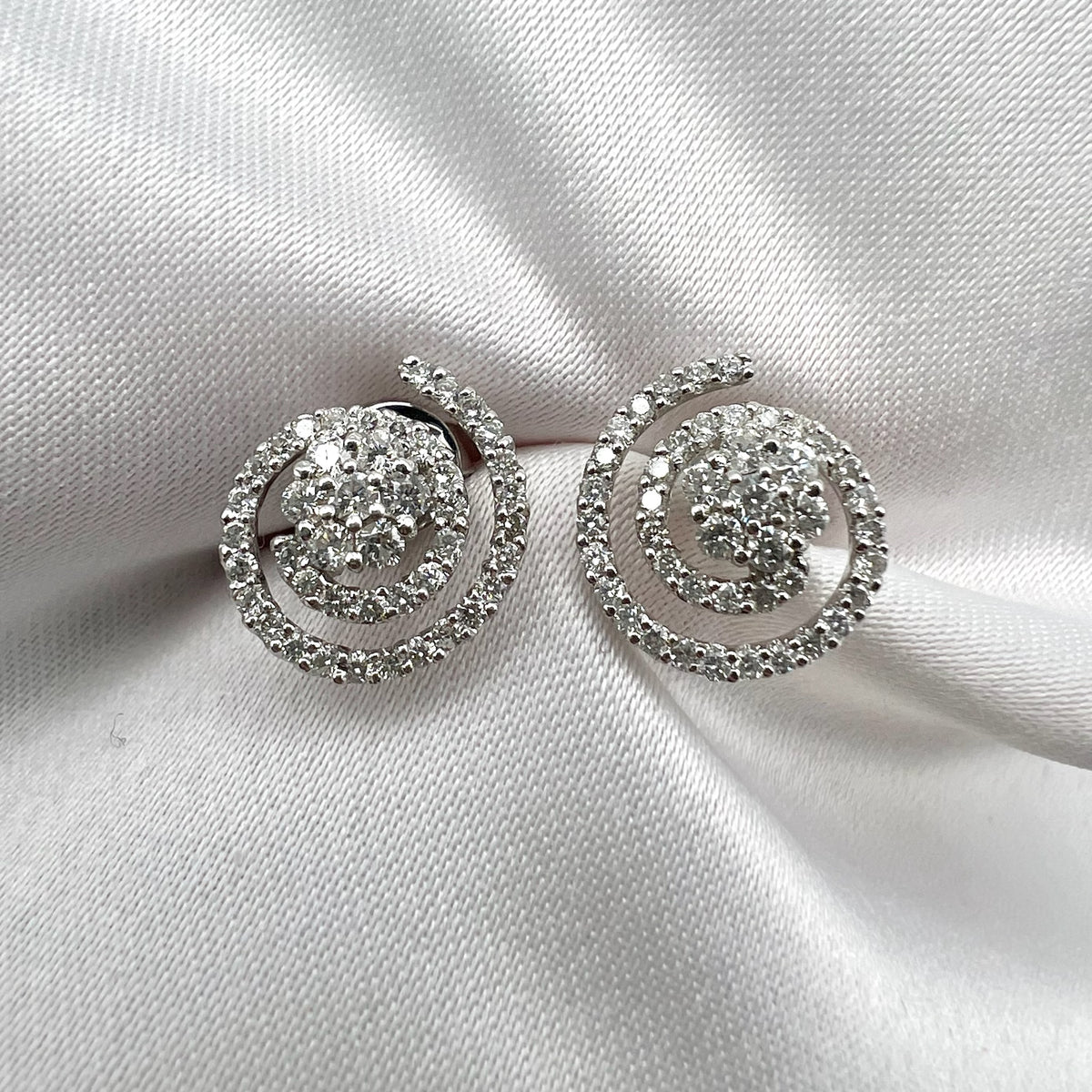 18K White Gold 0.5 cttw Diamond Open Flower Swirl Stud Earrings - Natural Diamonds, 3.6 grams