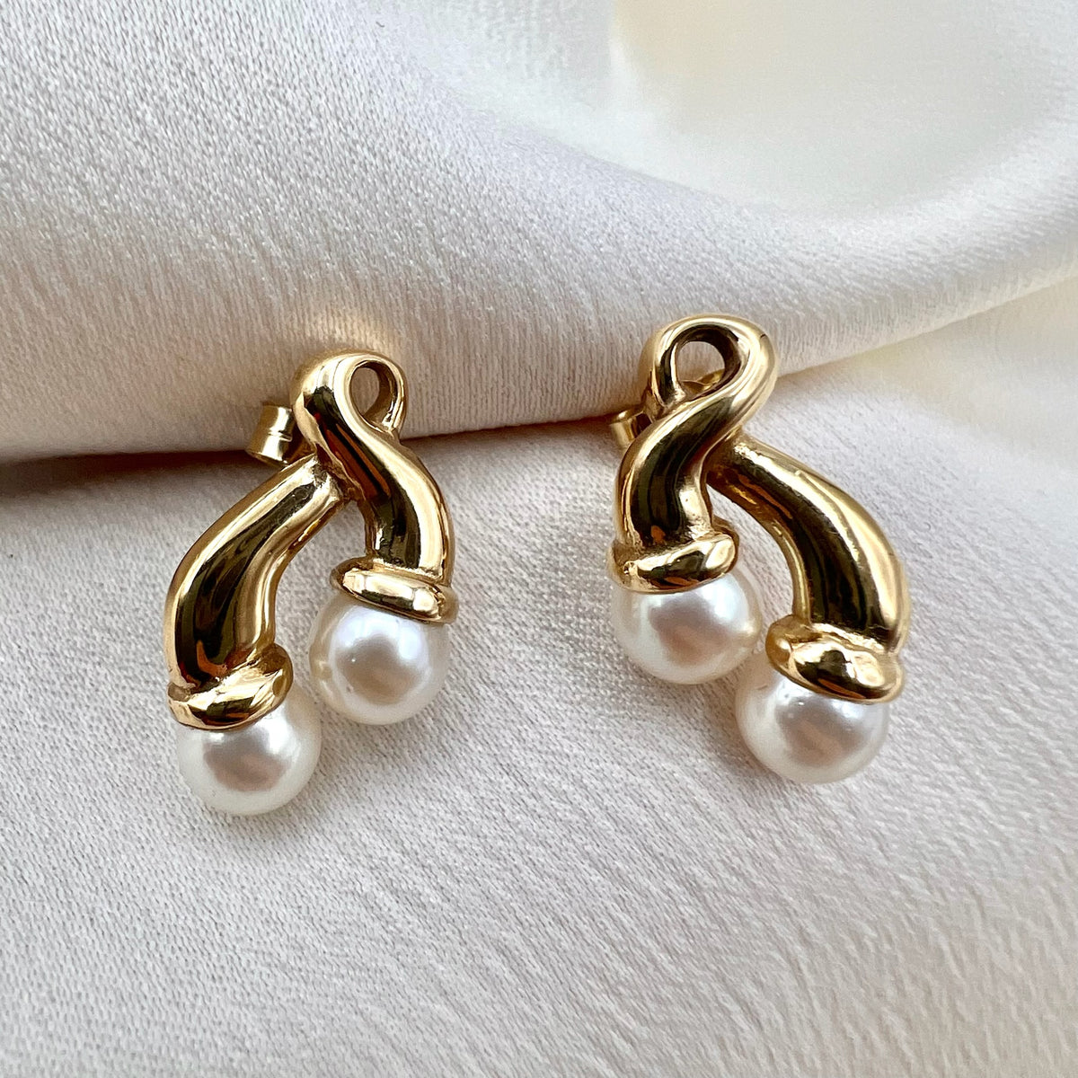 9K Gold Twin Pearl Drop Stud Earrings - Hallmarked UK