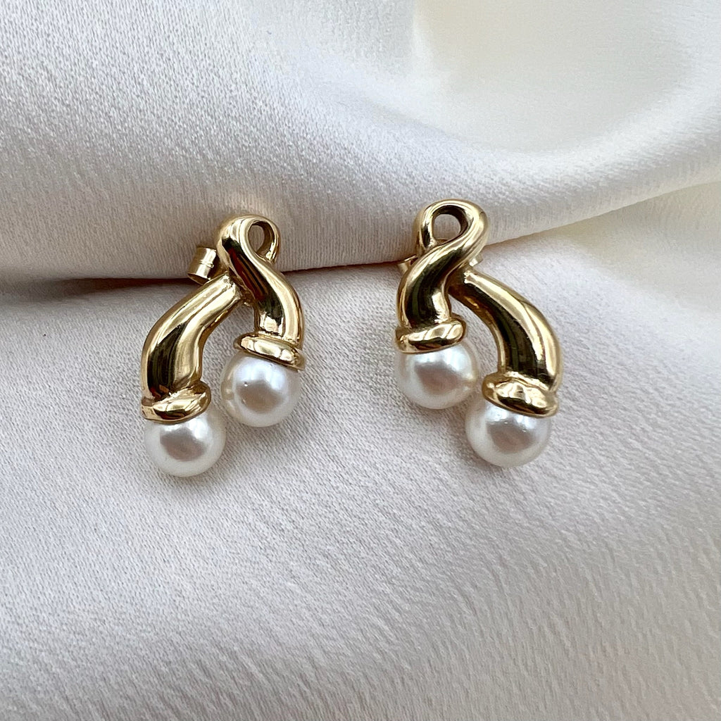 9K Gold Twin Pearl Drop Stud Earrings - Hallmarked UK