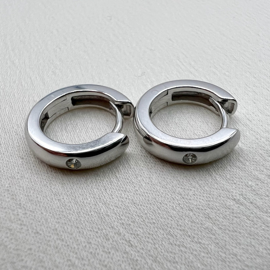 9K White Gold and Diamond Huggies - Hinged Hoop Earrings