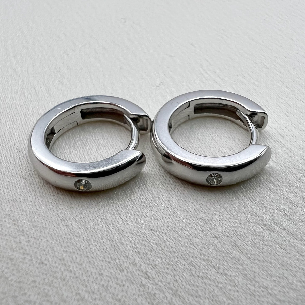 9K White Gold and Diamond Huggies - Hinged Hoop Earrings