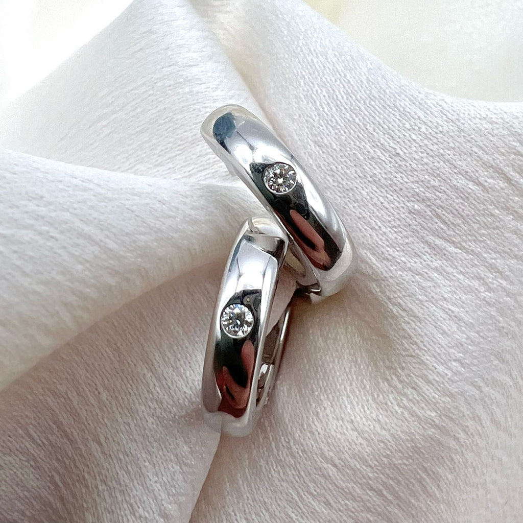 9K White Gold and Diamond Huggies - Hinged Hoop Earrings