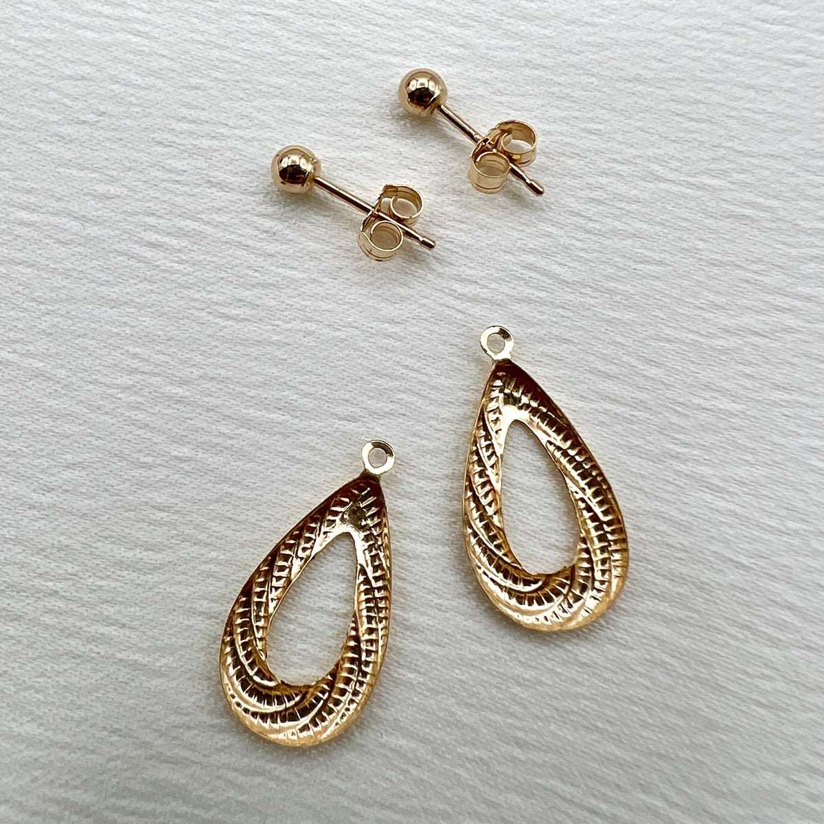 10K Gold Studs with Drop Jackets - Tear Drop Dangle Earrings