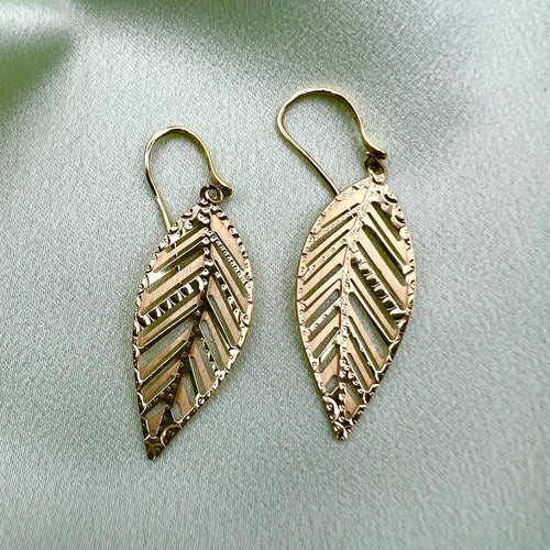 10K Gold Drop Leaf Earrings - Textured Hook Earrings
