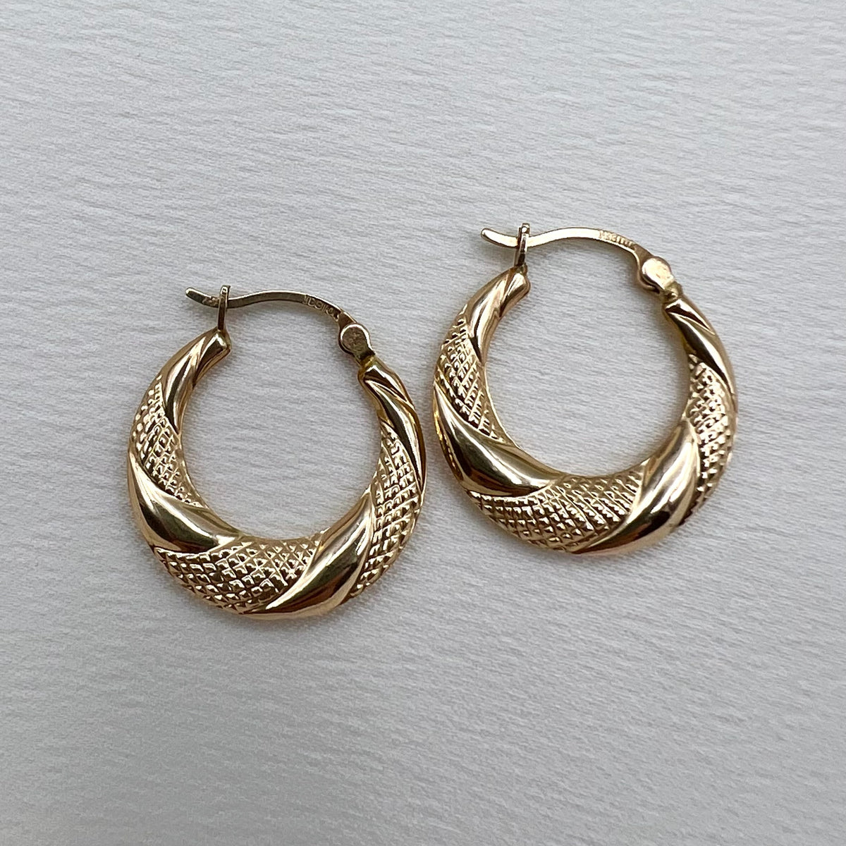 10K Gold Textured Hoop Earrings - Latch Back Lightweight Hoops