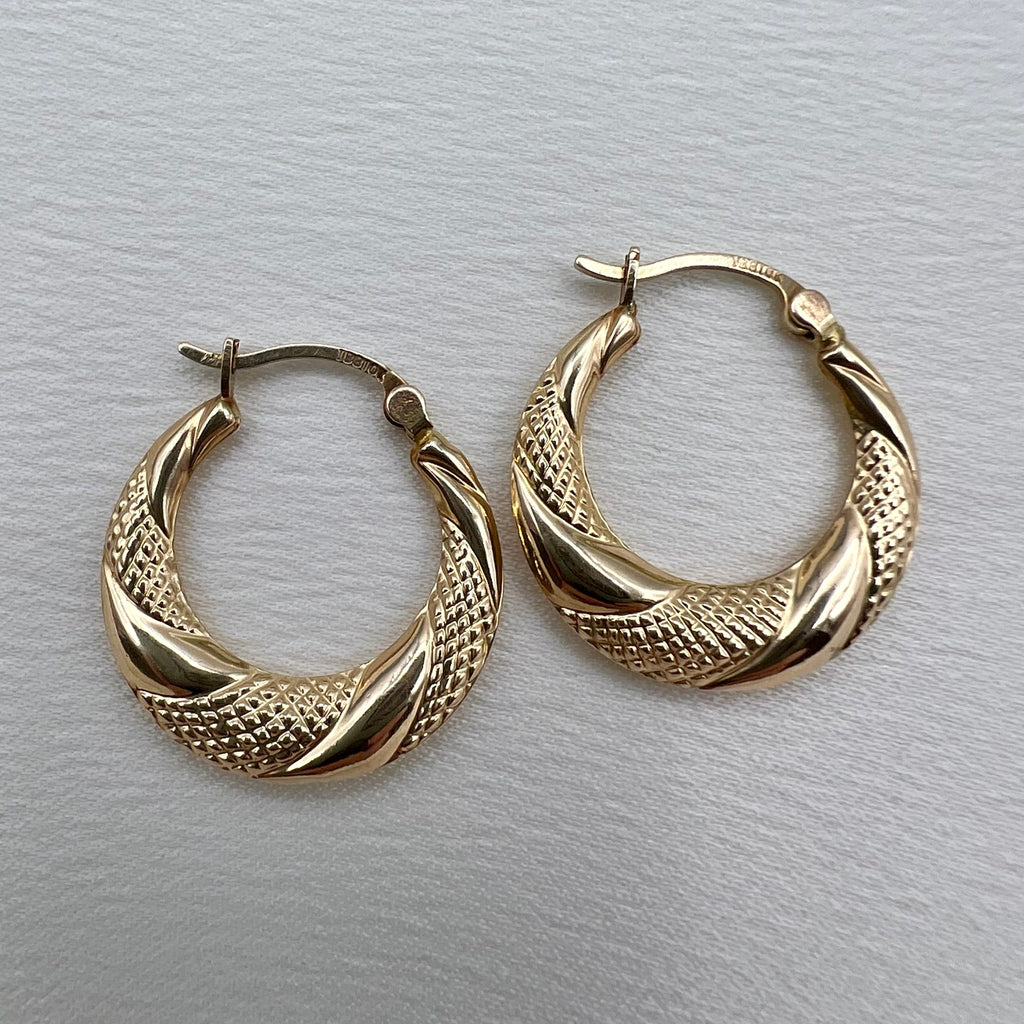 10K Gold Textured Hoop Earrings - Latch Back Lightweight Hoops