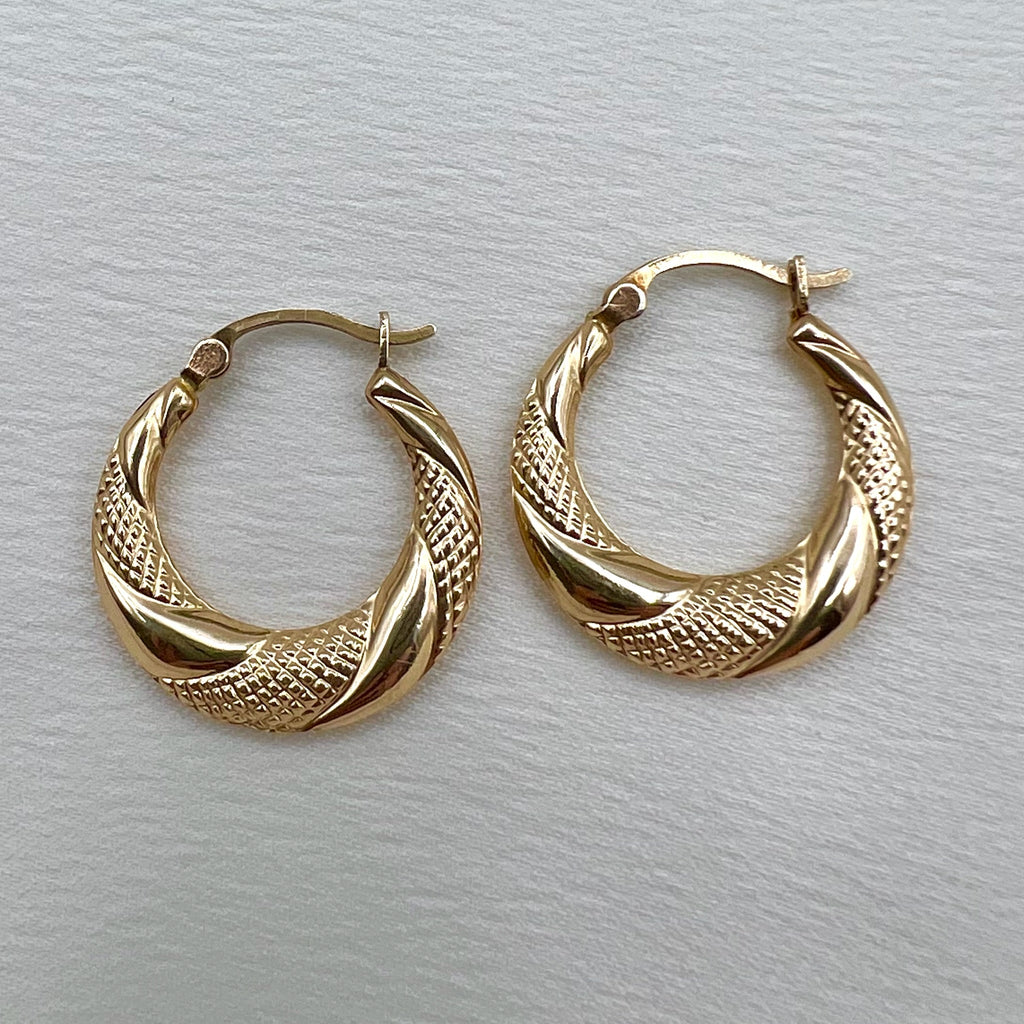 10K Gold Textured Hoop Earrings - Latch Back Lightweight Hoops