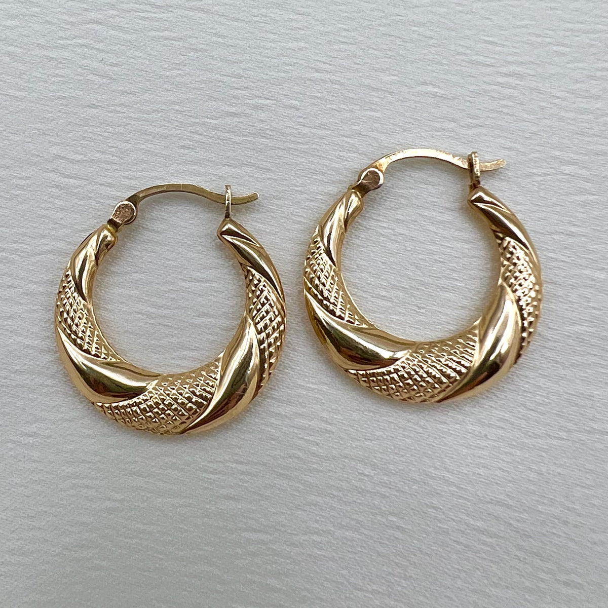 10K Gold Textured Hoop Earrings - Latch Back Lightweight Hoops