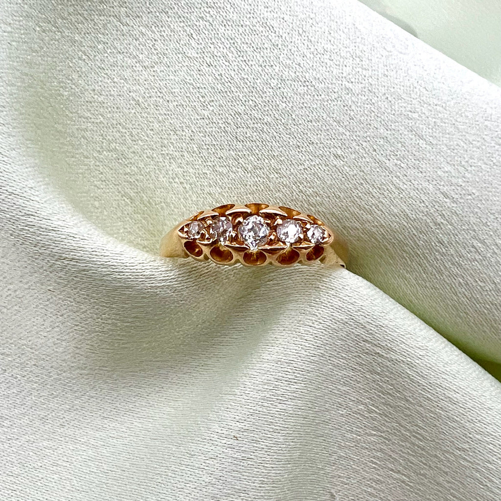18K Antique Diamond Ring - 5 Graduated Old Cut Diamonds