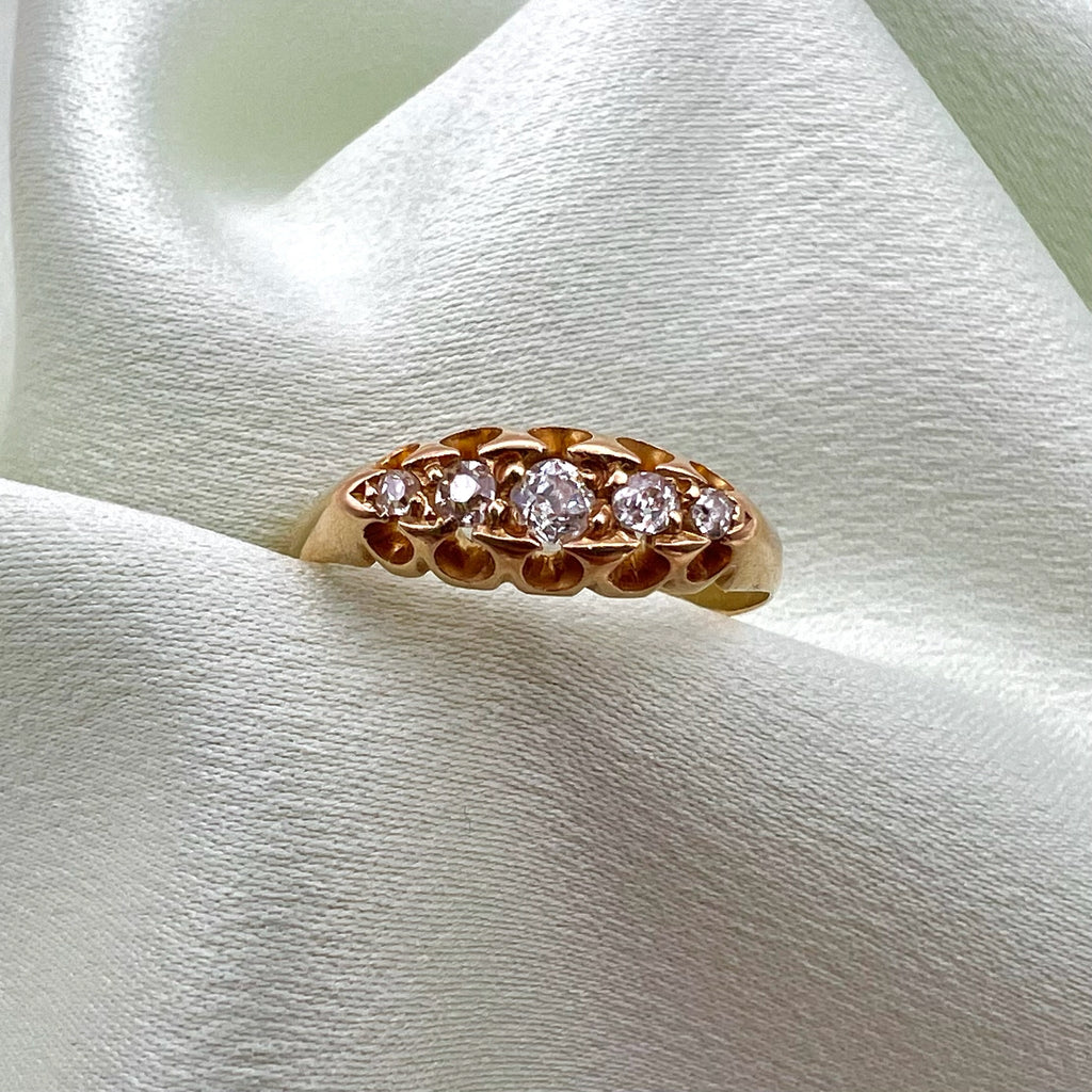 18K Antique Diamond Ring - 5 Graduated Old Cut Diamonds