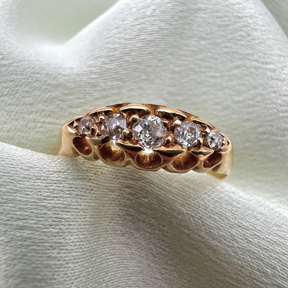 18K Antique Diamond Ring - 5 Graduated Old Cut Diamonds