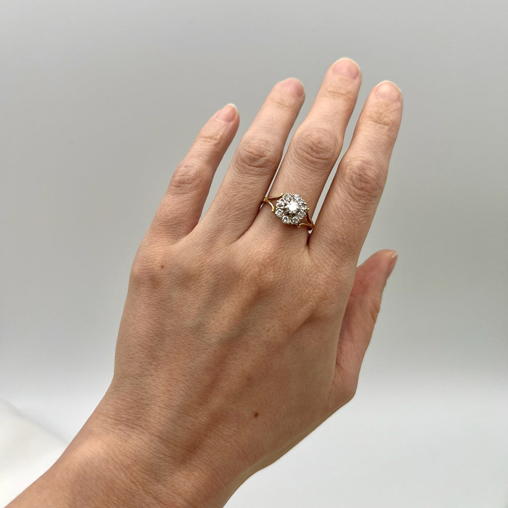 18K Gold Diamond Floral Cluster Ring - 0.77 cttw Natural Diamond Vintage Engagement Ring