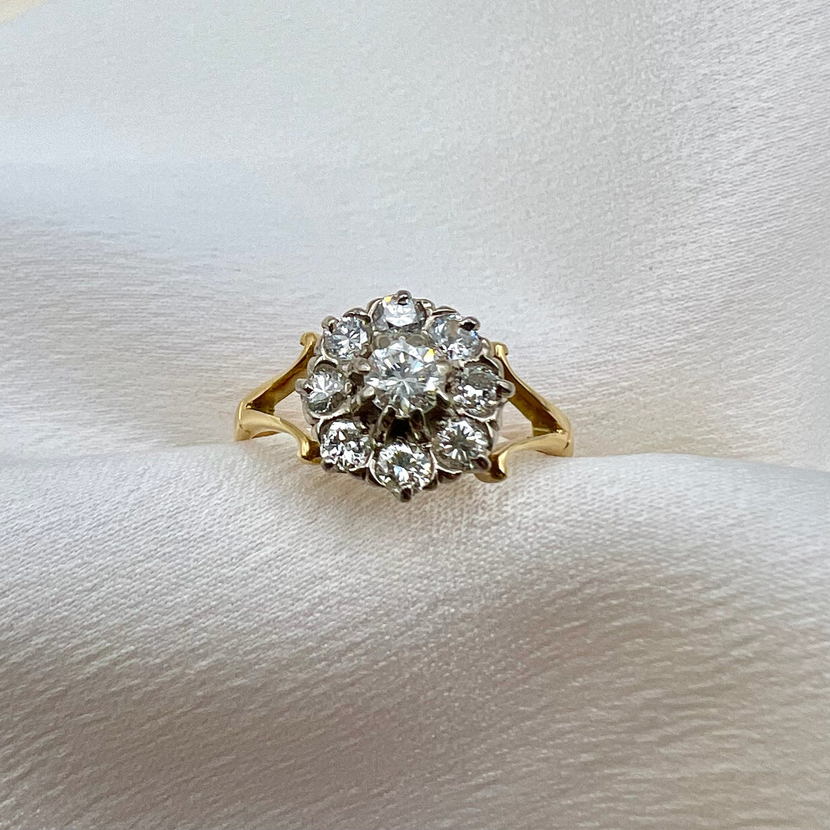 18K Gold Diamond Floral Cluster Ring - 0.77 cttw Natural Diamond Vintage Engagement Ring