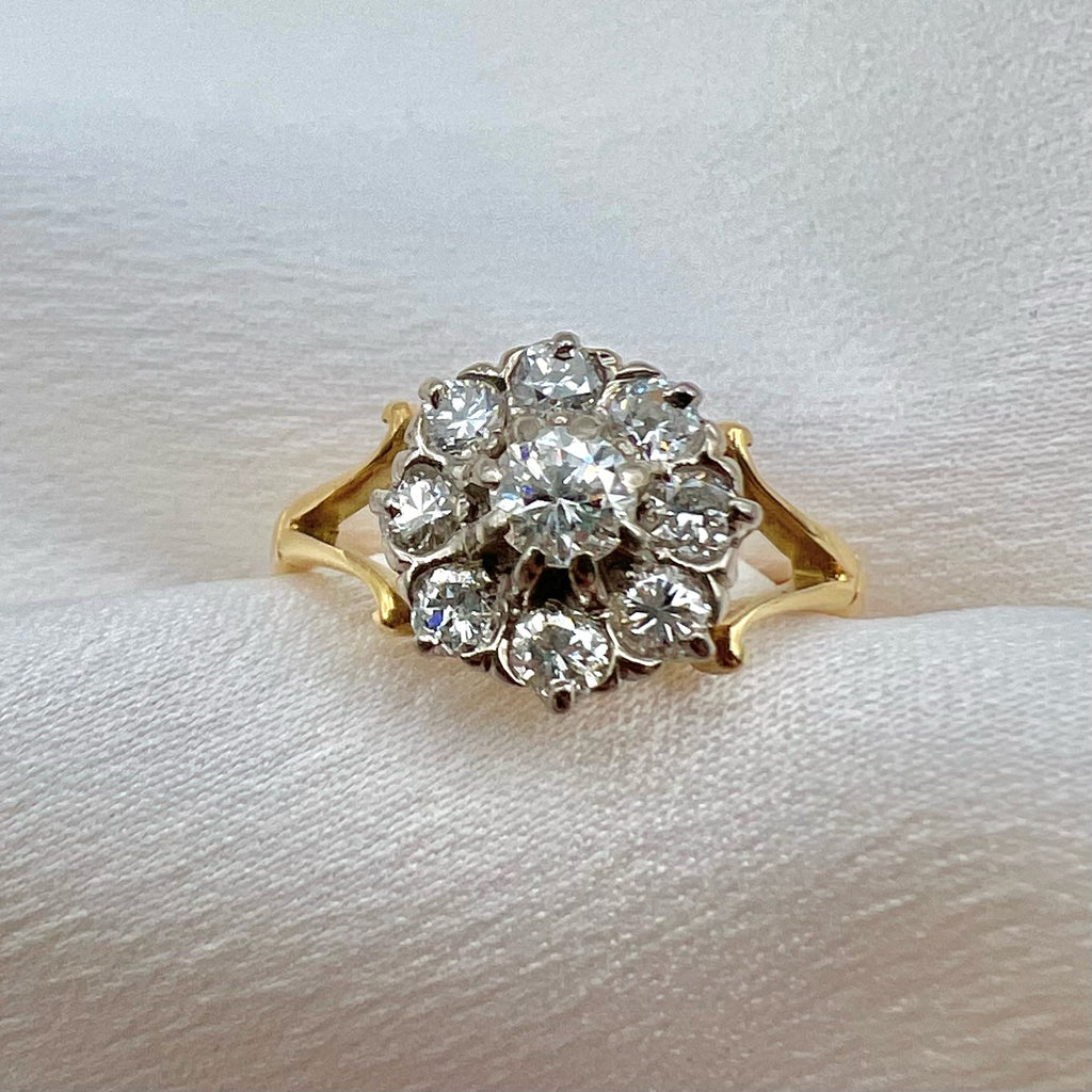 18K Gold Diamond Floral Cluster Ring - 0.77 cttw Natural Diamond Vintage Engagement Ring