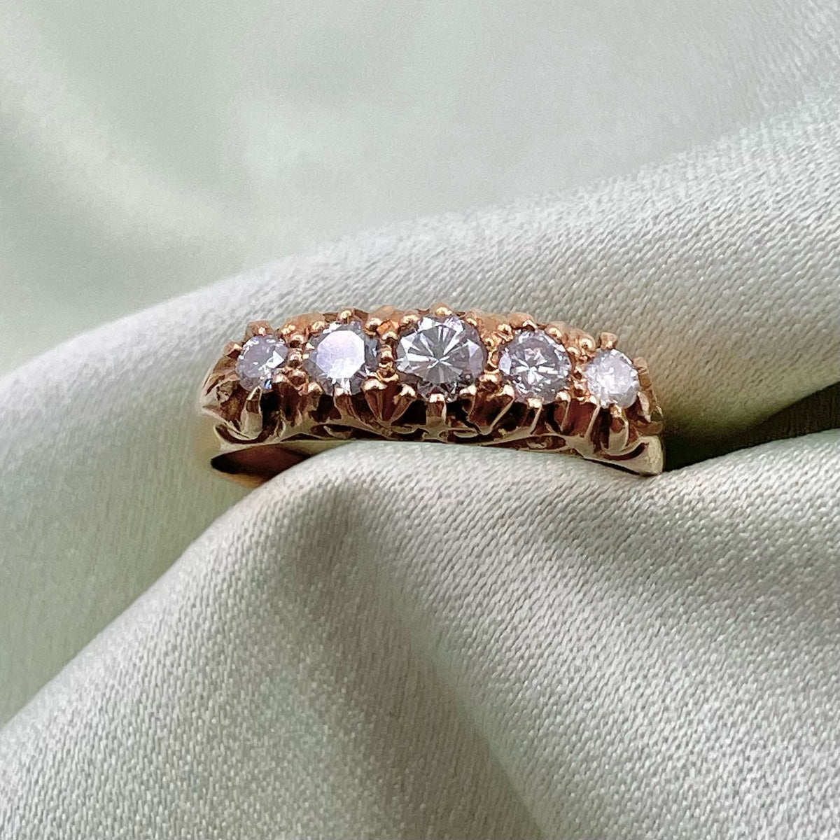 18K Diamond 5 Stone Ring - Scrollwork Graduated Setting