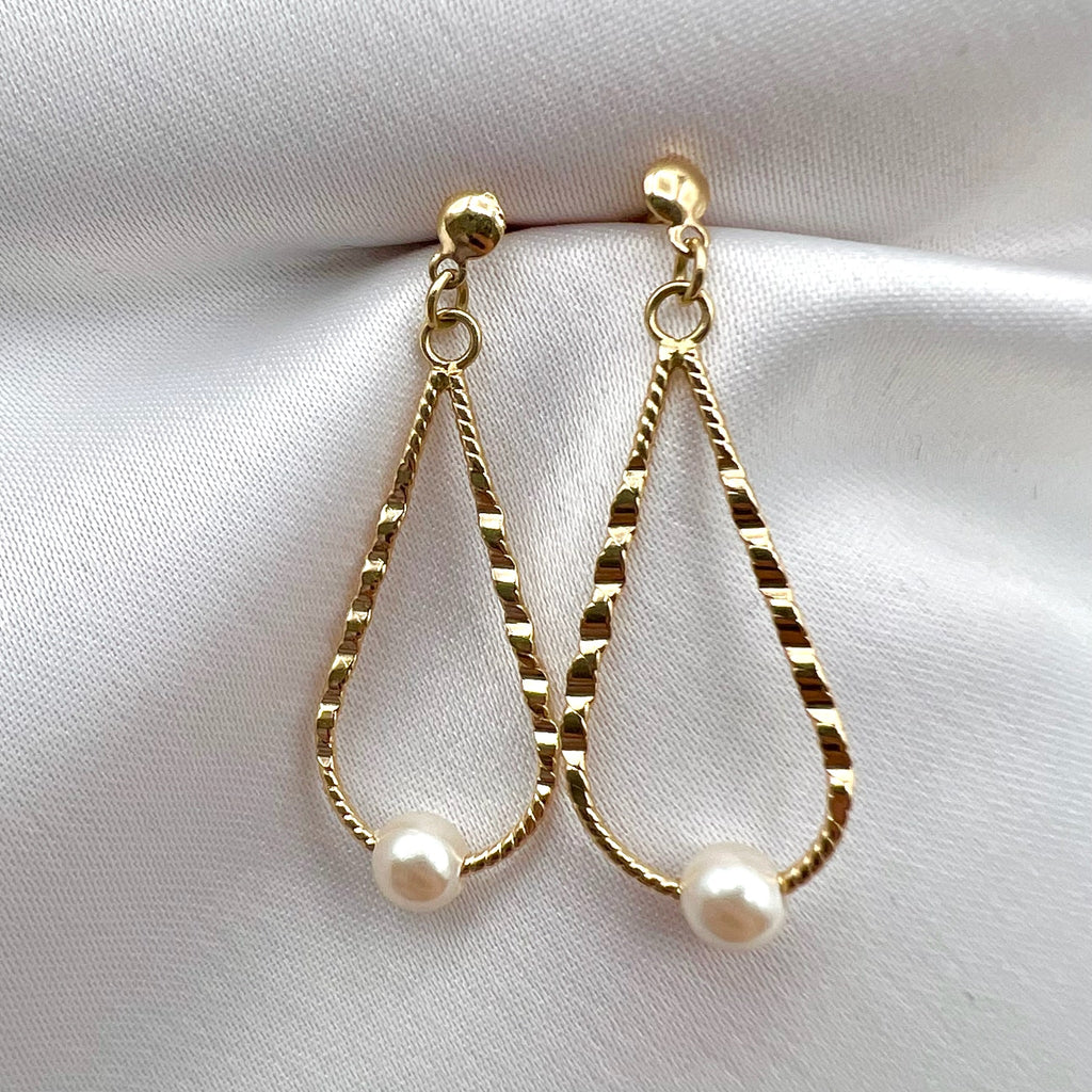 14K Tear Drop Pearl Dangle Stud Earrings