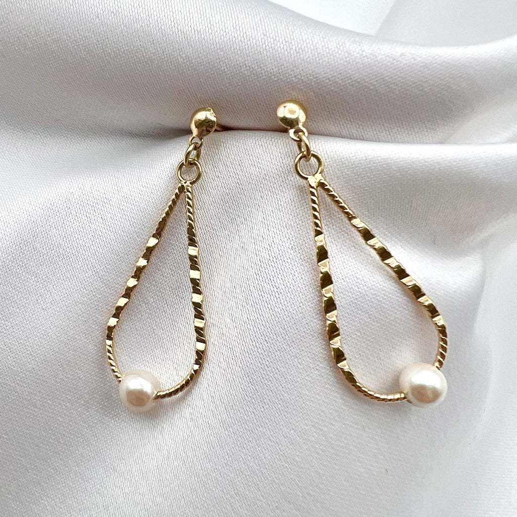 14K Tear Drop Pearl Dangle Stud Earrings