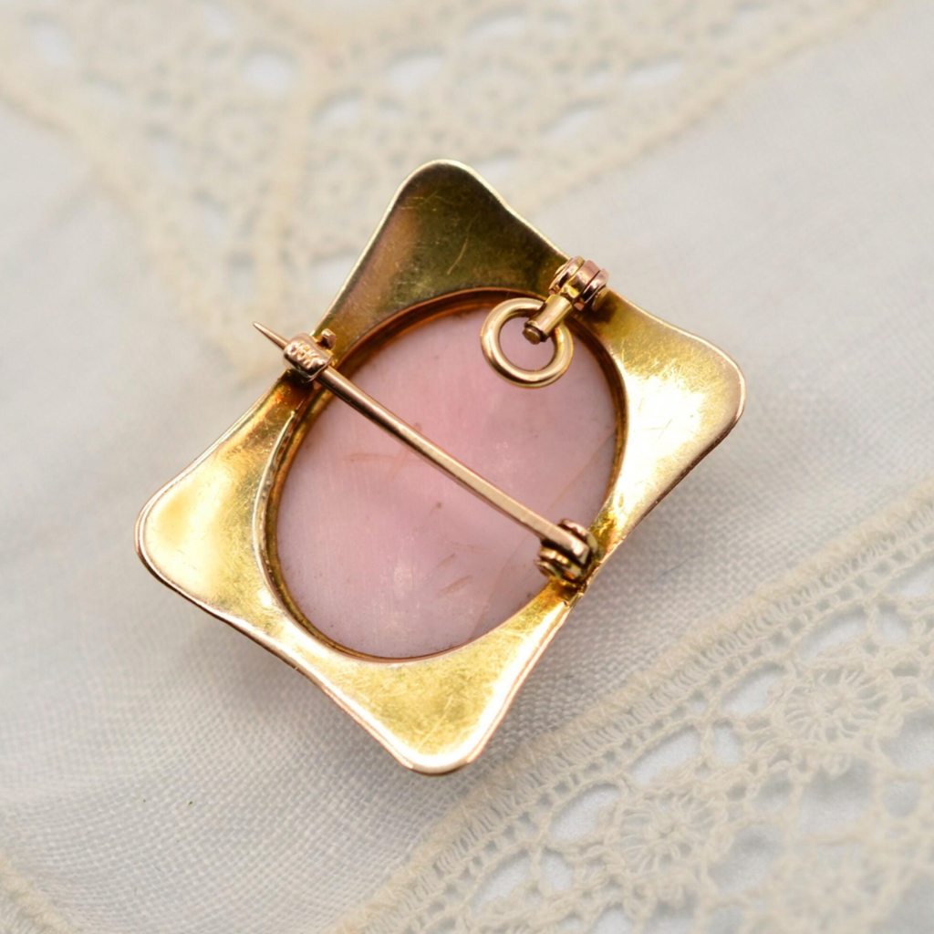 10k Gold Cameo Brooch and Pendant Carved from Pink Shell