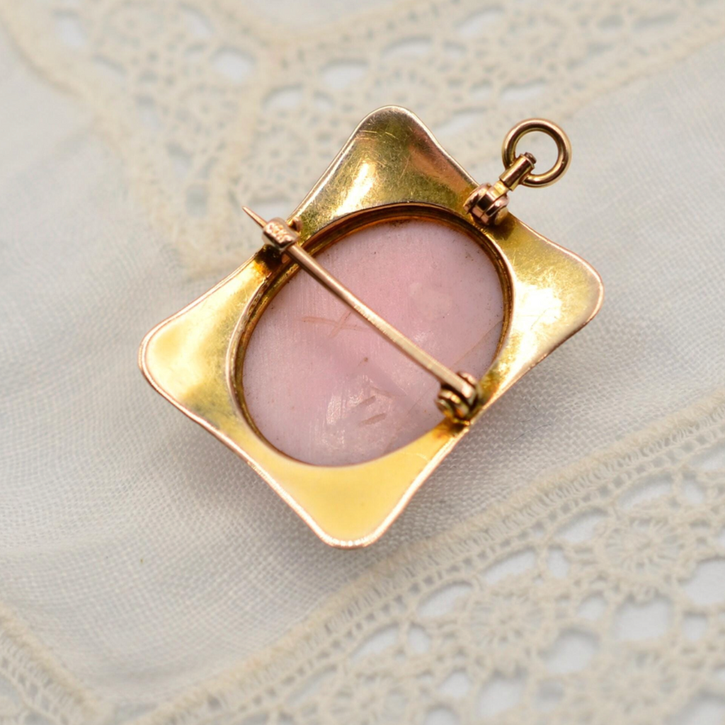 10k Gold Cameo Brooch and Pendant Carved from Pink Shell