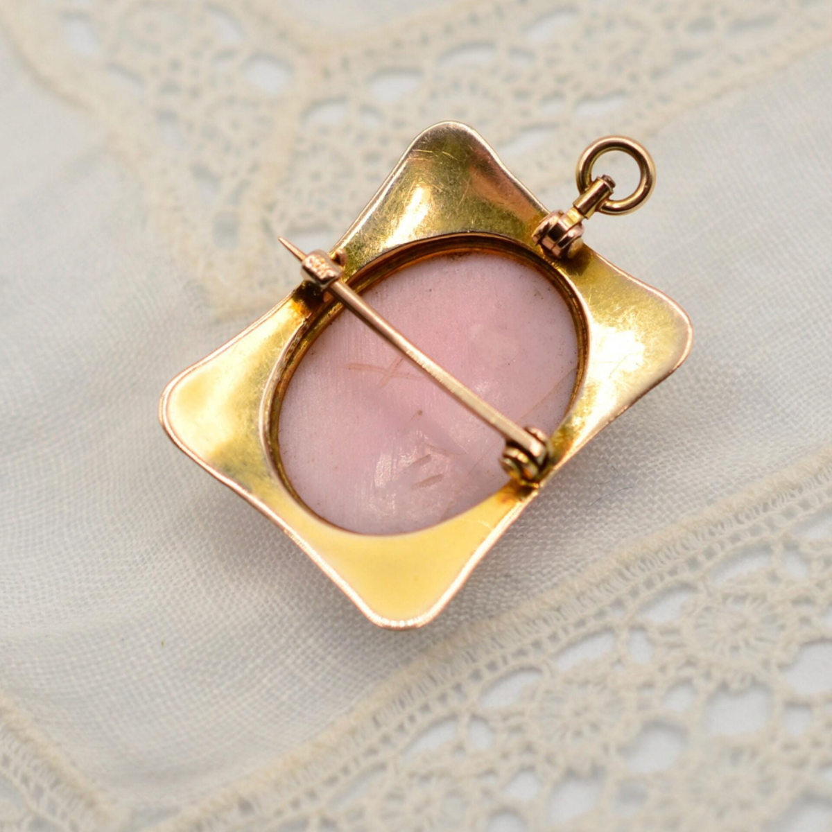10k Gold Cameo Brooch and Pendant Carved from Pink Shell