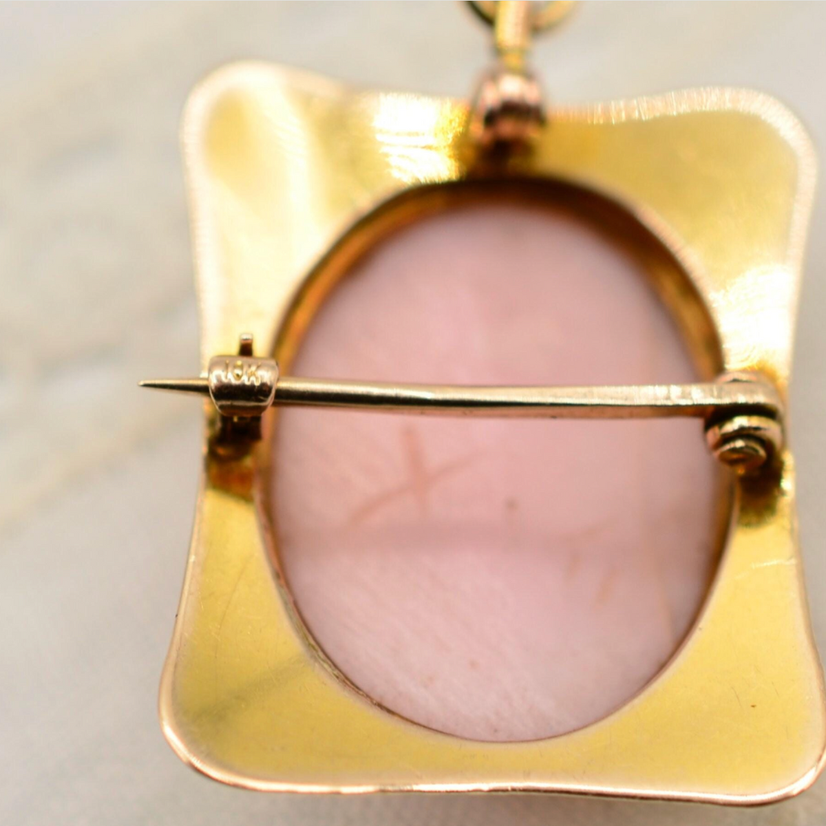 10k Gold Cameo Brooch and Pendant Carved from Pink Shell