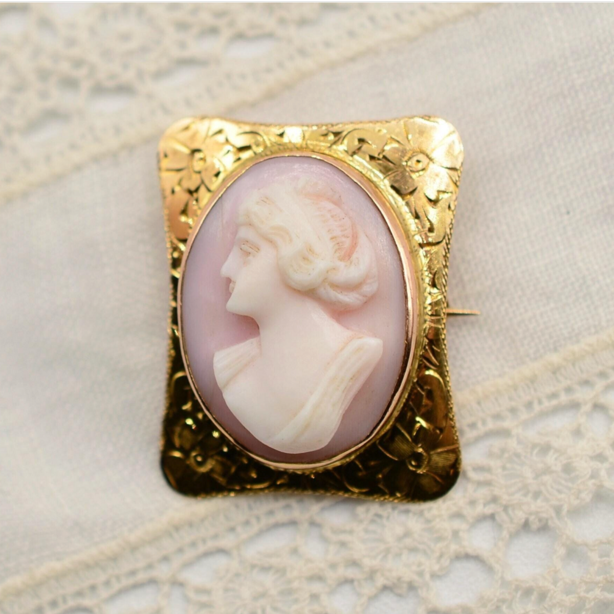 10k Gold Cameo Brooch and Pendant Carved from Pink Shell