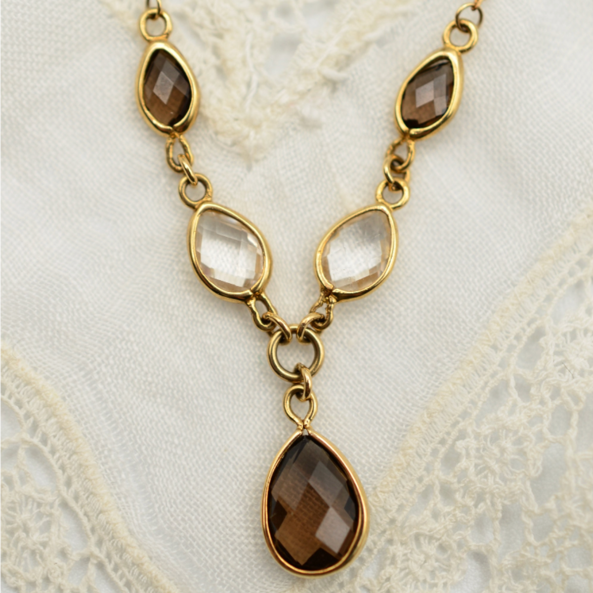 9K Gold Smoky Quartz Gemstone Drop Necklace - Adjustable 16 or 18 inch