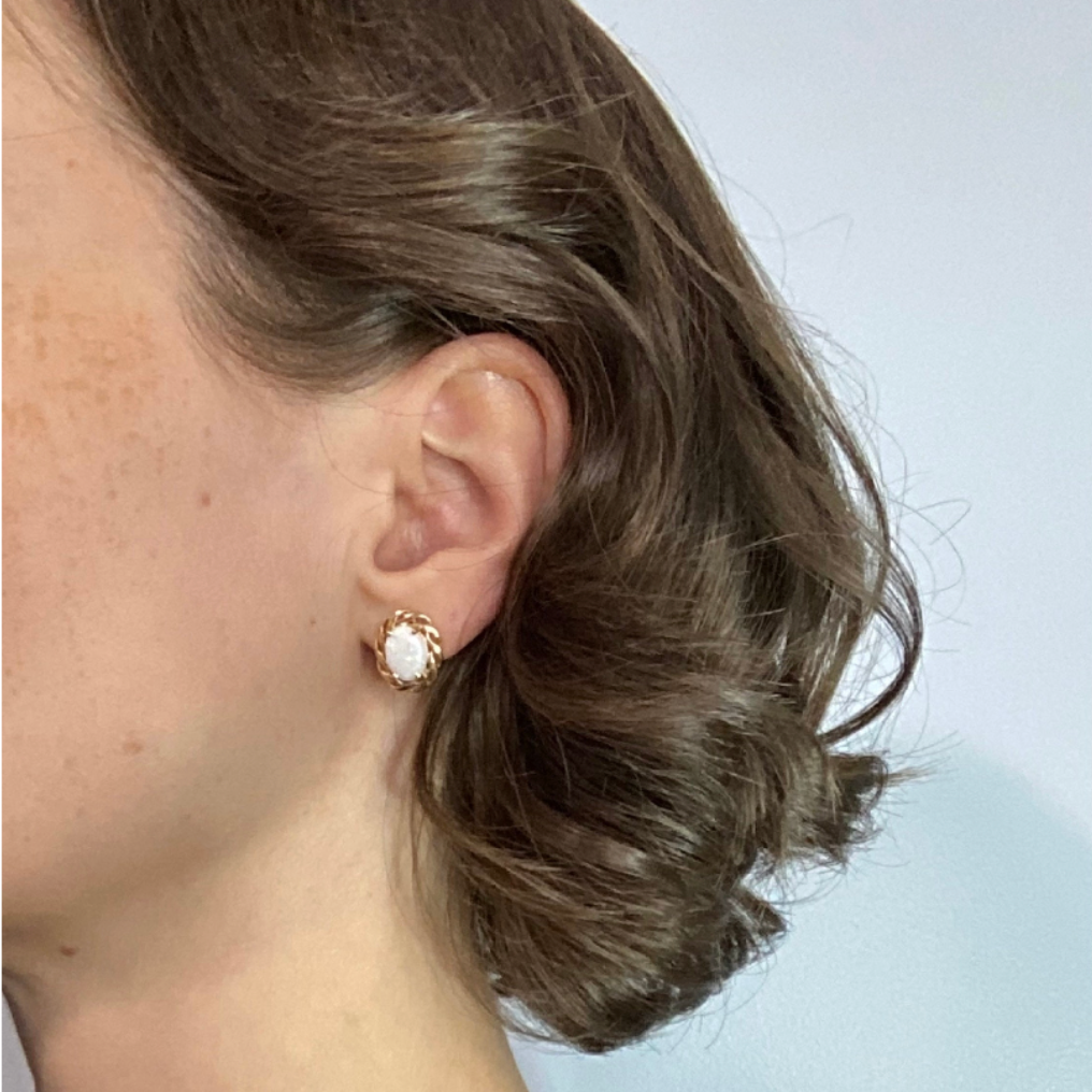 14k Yellow Gold Opal Woven Bevel Stud Earrings