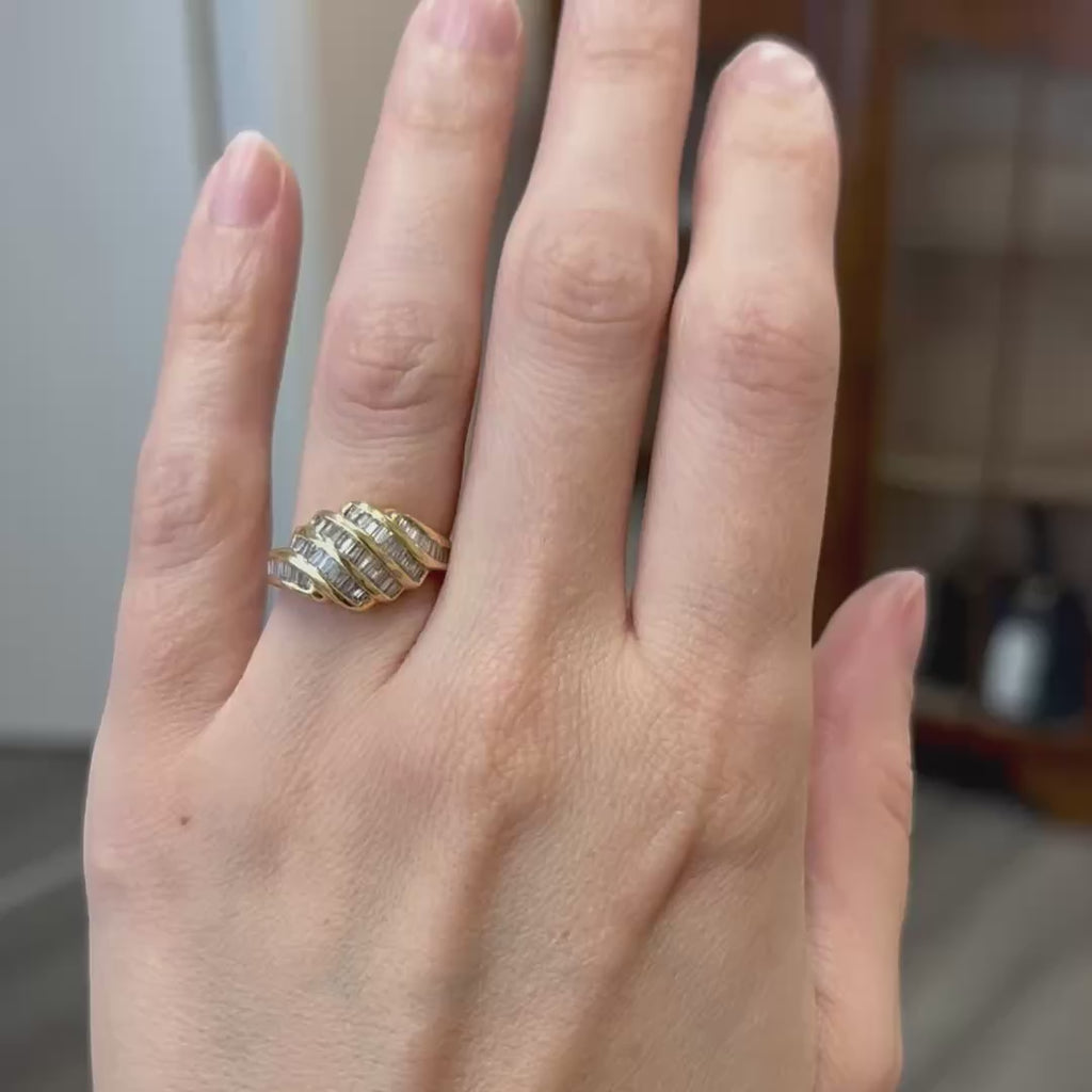 14K Baguette Diamond Waterfall Croissant Ring - UK Hallmarked 2000, Size 5.5
